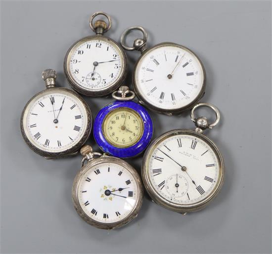 Six assorted silver or white metal fob watches.